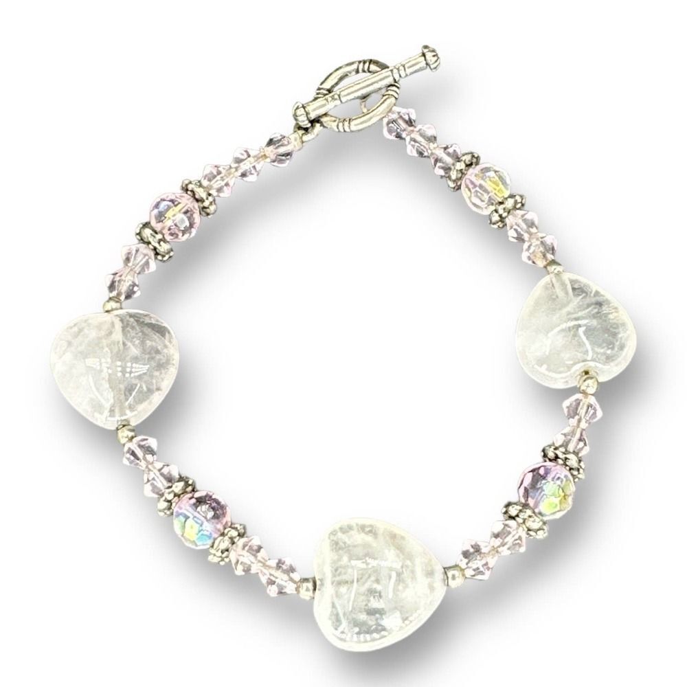 Pink Heart Jadeite Bracelet Coated AB Glass Beads Toggle Clasps Silver Plated